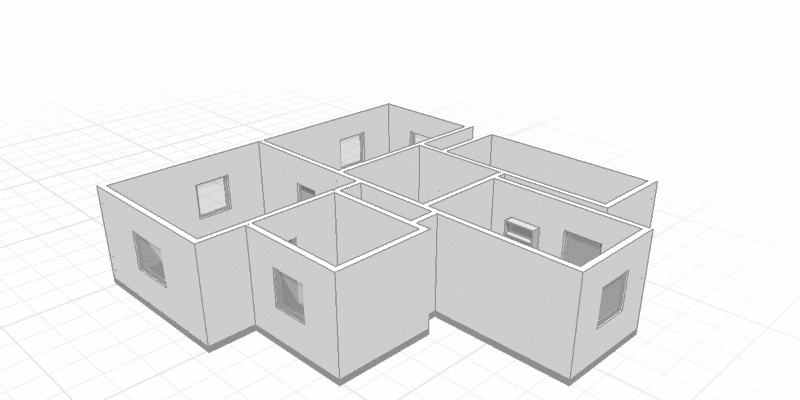 A house modeled in FiveLegFox: walls, windows and rooms shown in 3D on the canvas.
